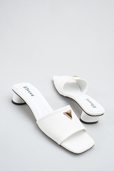 MALENTA Women's Short Block Heeled Slippers White Skin Blunt Toe with Gold Ac...