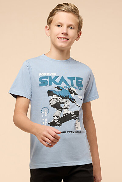 R&B Boy's Blue Printed T-Shirt with Crew Neck and Short Sleeves