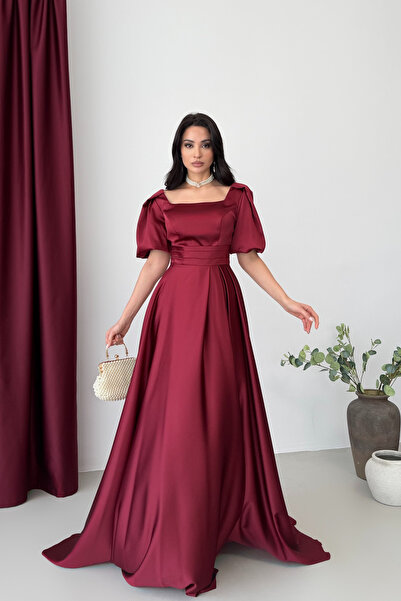 Serica Moda Бургундска вечерна рокля с квадратна деколте и балонни ръкави