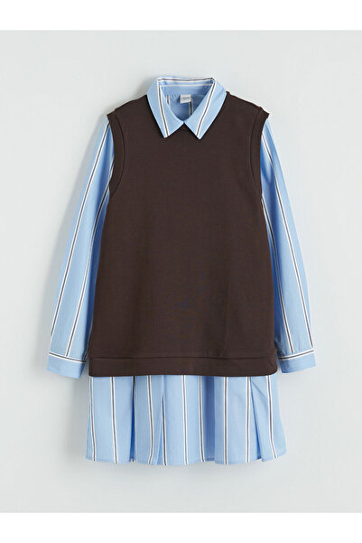 LC Waikiki Μπλε ριγέ φόρεμα και εσώρουχο για κορίτσια με λαιμόκοψη ποδηλάτου