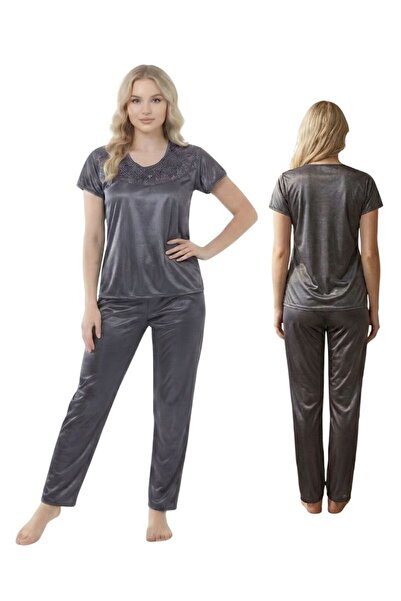 Comfort Women Grey Satin Pajama Set with Embroidered Neckline Comfortable Sle...