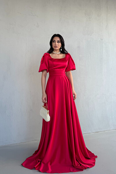 Serica Moda Red Square Neck Balloon Sleeve Maxi Evening Dress