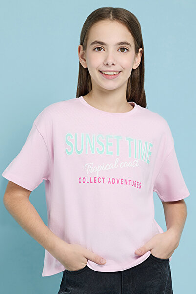 R&B Girl's Pink Printed T-Shirt with Crew Neck and Short Sleeves