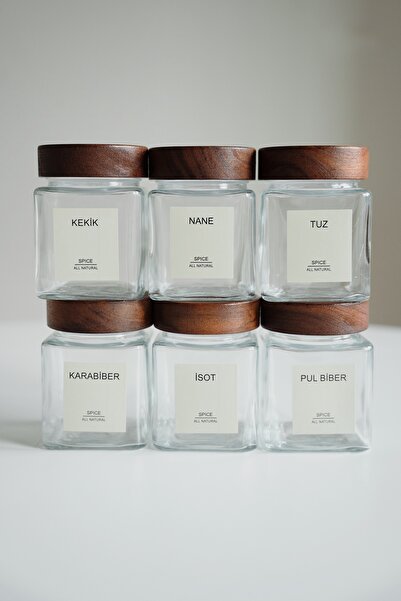 Dekorzdükkan Set of 6 Square Acacia Glass Jars with Lids – 300 ml – (25 Cream...
