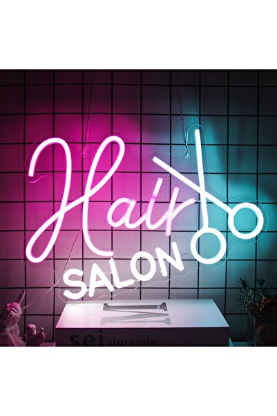 Slasa Hair Salon White LED Neon Wall Decor with Acrylic Base 40x30 cm