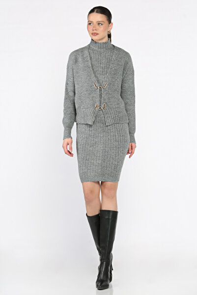 azragül giyim Women's Gold Detailed Knitwear Cardigan and Dress Two-Piece Set