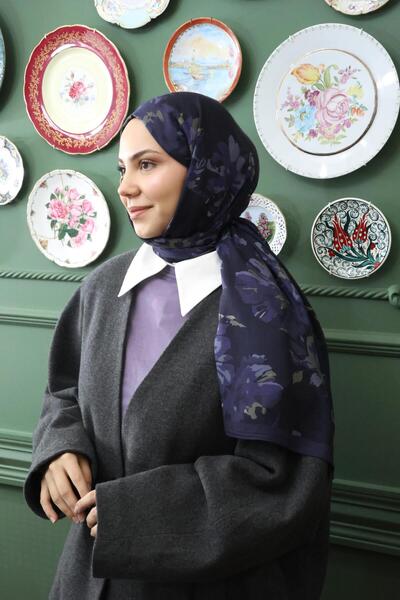 Şalland Vera Patterned Cotton Viscose Shawl Navy Blue
