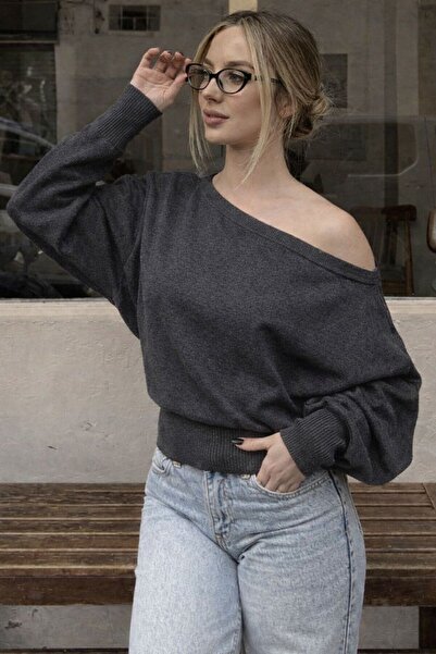 STF MODA Women's Popular Asymmetrical Boat Neck Knitwear Sweater Anthracite