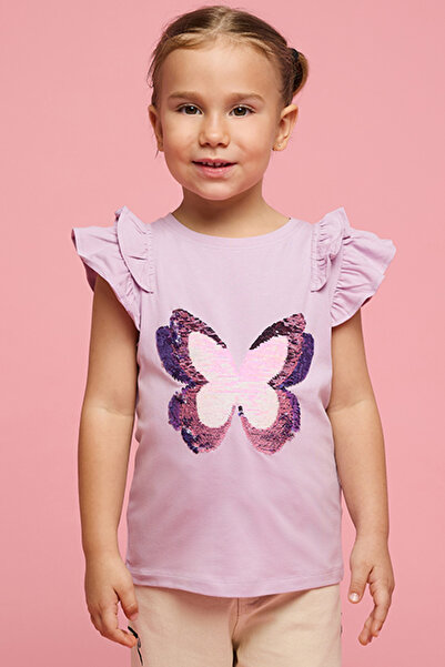 R&B Girl's Purple Sequined Top with Crew Neck and Flutter Sleeves