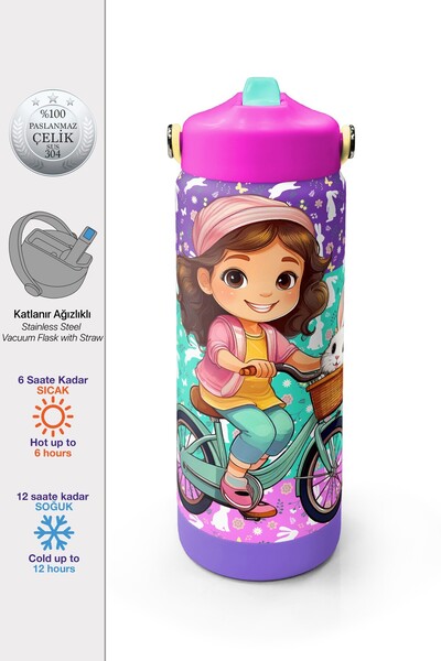Coral High Mor Pembe Bisikletli Kız Desenli Katlanır Ağızlıklı Çelik Termos 6...