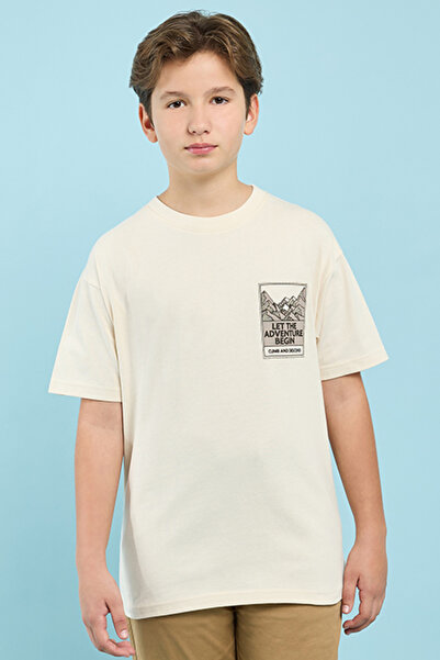 R&B Boy's Beige Printed T-Shirt with Crew Neck and Short Sleeves