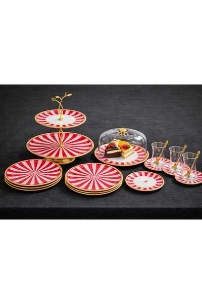 YONCA ART CONCEPT 34 PARÇA 6 KİŞİLİK KIRMIZI ÇİZGİLİ CAM ÇAY SETİ- SUNUM ÇEYİ...