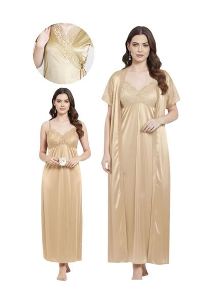 Comfort Women Luxury Golden Satin 2 Piece Nightdress Set Lace Inner Robe