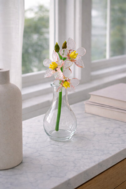 ADAMODART Pembe Orkide Çiçeği El yapımı Cam Biblo Mini Vazolu