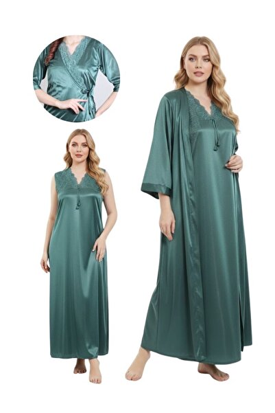 Comfort Women Emerald Green Satin Robe Sleeveless Nightgown Lace Neck Set