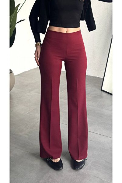 asfamoda Pantaloni din țesătură cu talie înaltă, bordeaux, pentru femei, cu p...