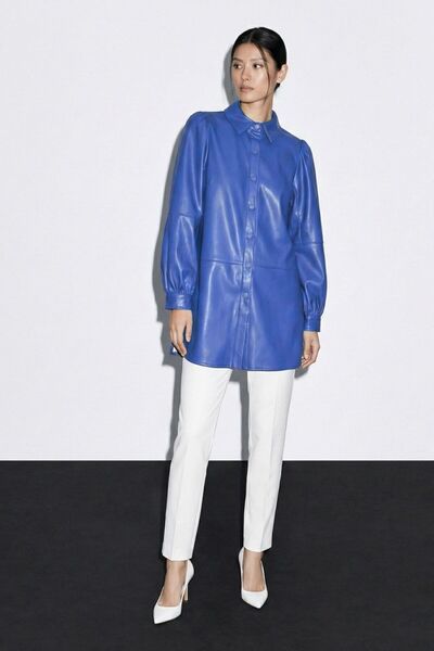 Mizalle Çıt çıtlı Deri Görünümlü Saks Mavisi Gömlek