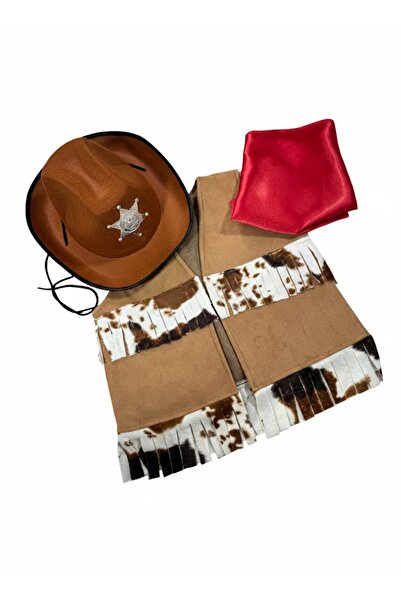 Annee Bakk Çocuk Kovboy Yelek ve Şapka Seti, Unisex Püsküllü Kovboy Kostümü