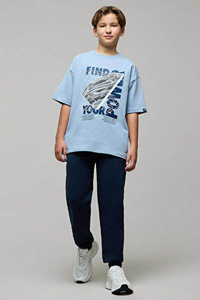 R&B Boy's Blue Printed T-Shirt with Crew Neck and Short Sleeves