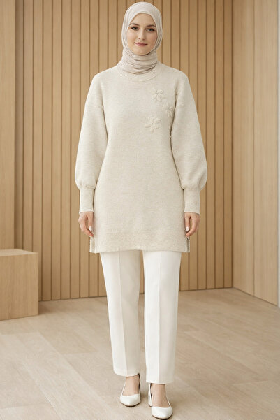 Kirazgym Women's Floral Patterned Stoned Soft Knitwear Sweater Tunic Ecru