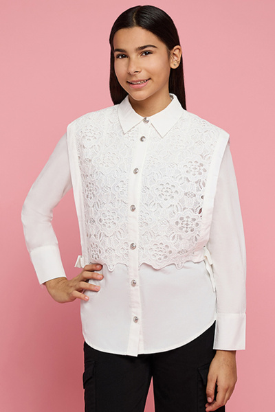 R&B Girl's White Lace Detail Shirt with Classic Collar and Long Sleeves