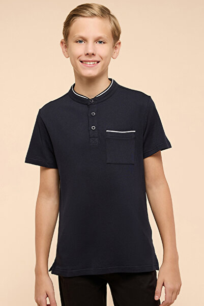 R&B Boy's Dark blue Contrast Tipping T-Shirt with Mandarin Collar and Short S...