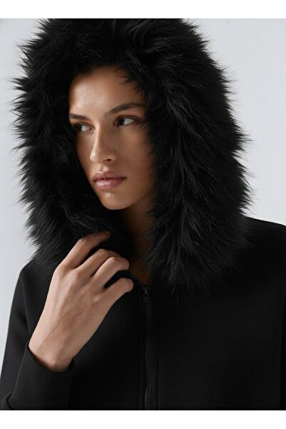 Afri Women's Black Zippered Hooded Sweatshirt – Black Fur Hood, Pockets, Comf...