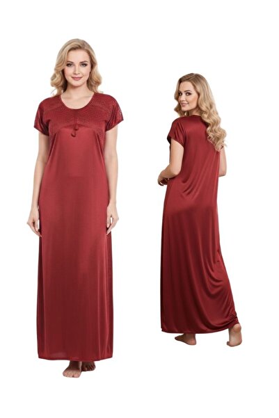 Comfort Women Classic Red Satin Maxi Sleepwear Dress Short Sleeve Nightgown
