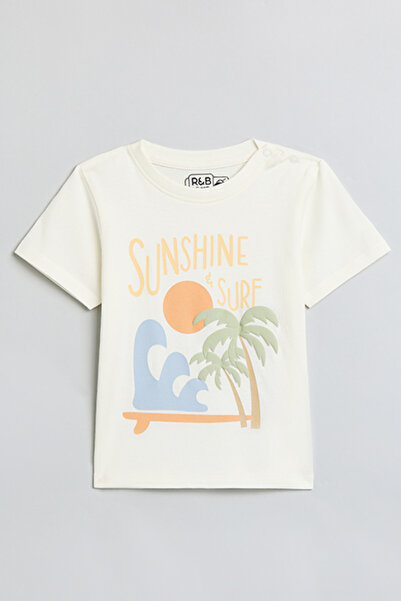 R&B Boy's Cream Graphic Print T-Shirt with Crew Neck and Short Sleeves