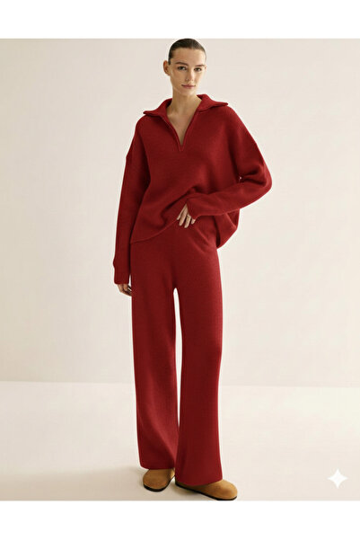 Sempre Women's Warm Soft Knitwear Half Zipper Pants&Top Two-Piece Set