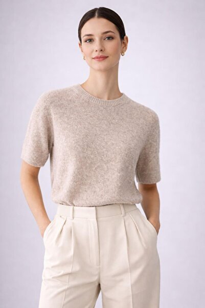 Ferraro Bluză tricotată cu mânecă scurtă, amestec de lână, de sezon, bej, pen...