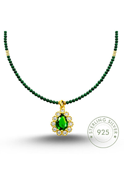 Pietra Kadın 925 Ayar Gümüş Yeşil Damla Tasarımlı 2,5 mm Düz Kesim Malahit Ta...