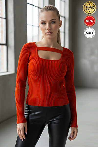 Teenage Millionaire Women's Tile U-Neck Band Detailed Long Sleeve Ribbed Extr...