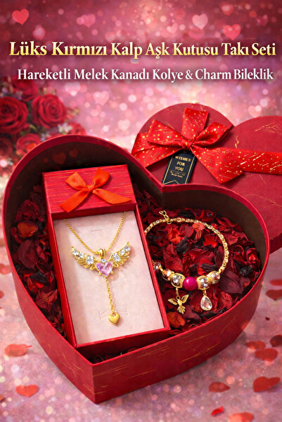 Mareluxe Sevgiliye Lüks Kırmızı Kalp Aşk Kutusu Romantik Kuru Gül Yapraklı Ta...