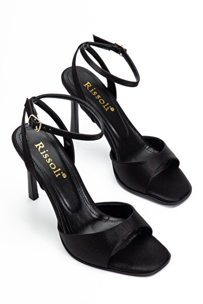 RİSSOLİ Black Satin Ankle Strap Single Strap Heeled Women's Sandals