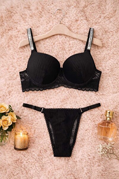 hepimiz alalım Black Lace Stone Strap Push up Bra Thong Set