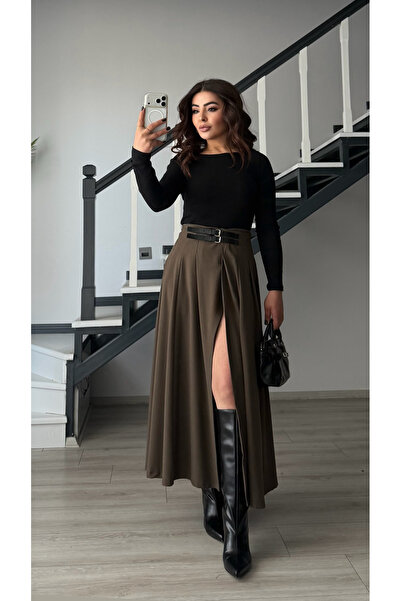 Oslove Brown Double Belted Slit Skirt