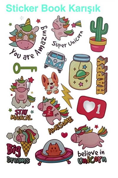 MixmioLife Unicorn Sticker Seti Çocuk Okul Defter Laptop Karışık Renkli Sevim...