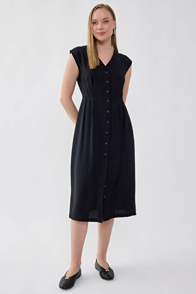 Vitrin Buttoned V-Neck Dress