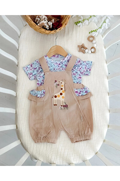 hümabebe Floral Giraffe Embroidered Summer Baby Girl Outfit with Suspenders