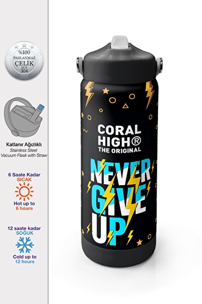 Coral High Siyah Never Give Up Desenli Katlanır Ağızlıklı Çelik Termos 650 ml...
