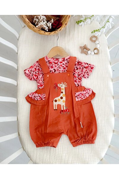 hümabebe Floral Giraffe Embroidered Summer Baby Girl Outfit with Suspenders