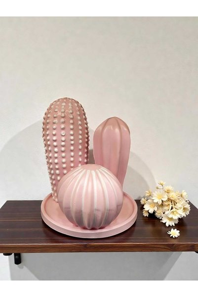 Grimsi Pembe Modern Kaktüs Biblo Seti – Tabaklı 3’lü Dekoratif Masa ve Raf Süsü
