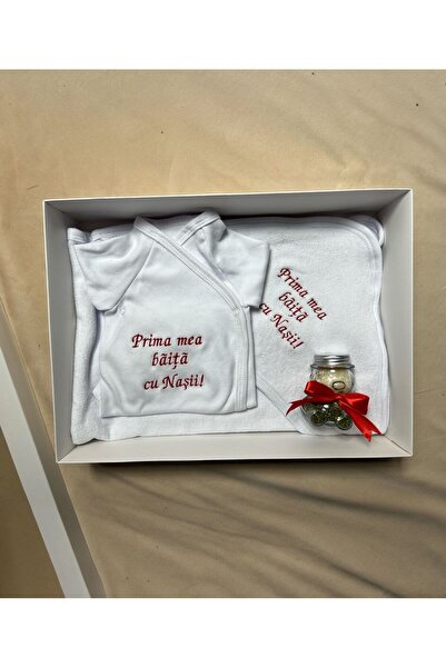 Botez Towel and bodysuit First bath with godparents Embroidered on red made o...