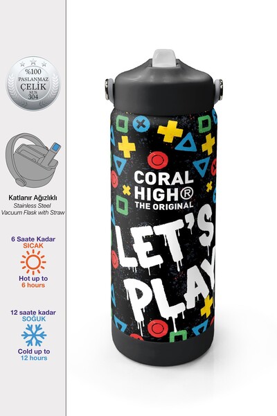 Coral High Siyah Lets Play Desenli Katlanır Ağızlıklı Çelik Termos 650 ml 38314