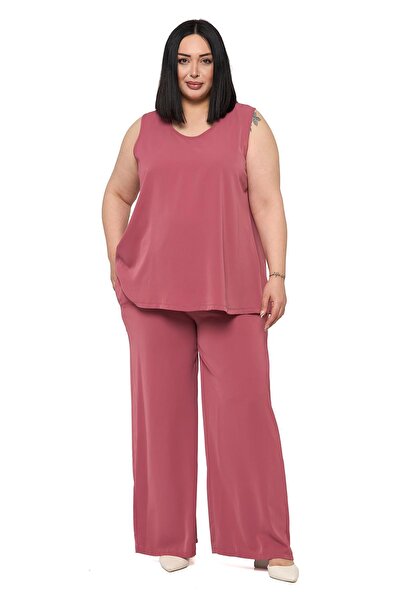 DISENTIS MODEST Plus Size Tank Top Wide Leg Pants Dusty Rose Two-Piece Set