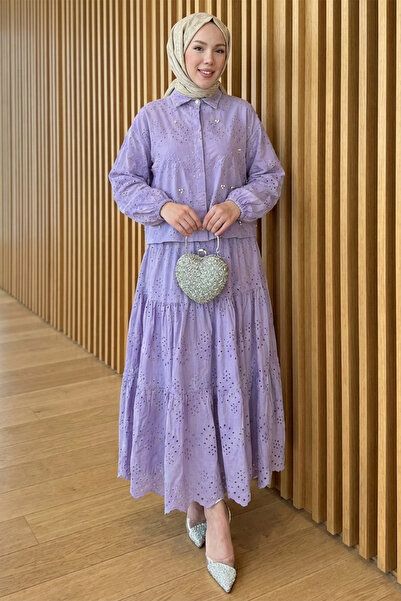Kirazgym Women's Scallop Detailed Blouse Skirt Hijab Set - Lilac