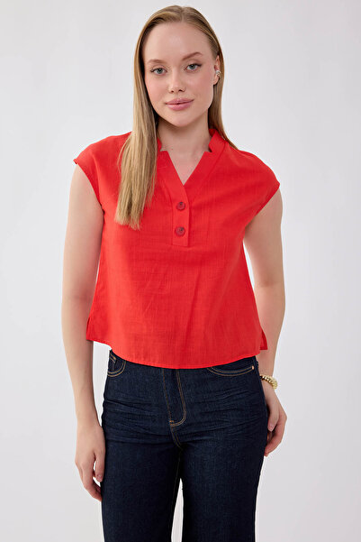 Vitrin V-Neck Buttoned Front Viscose Linen Blouse