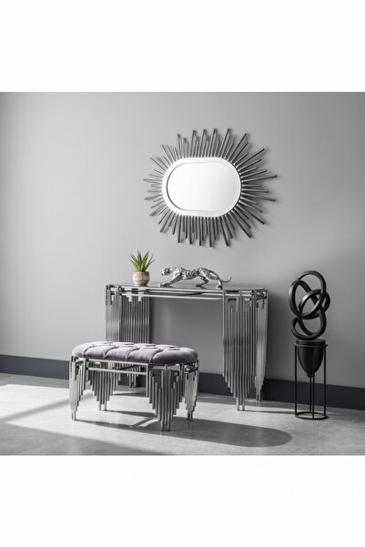 Hediselim Piyano Model Lüx Gümüş Dresuar Ayna Puf Set