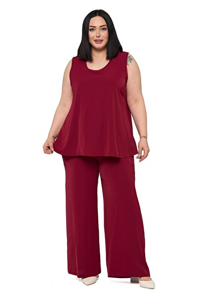 DISENTIS MODEST Plus Size Sleeveless Blouse Wide Leg Pants Burgundy Two-Piece...